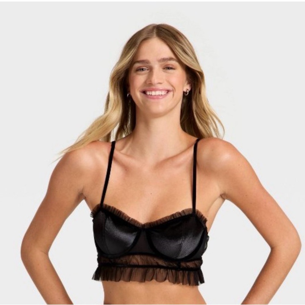 NWT Women’s Aiden Velvet & Mesh Pleated Bra black Sz M, Ruffle trim